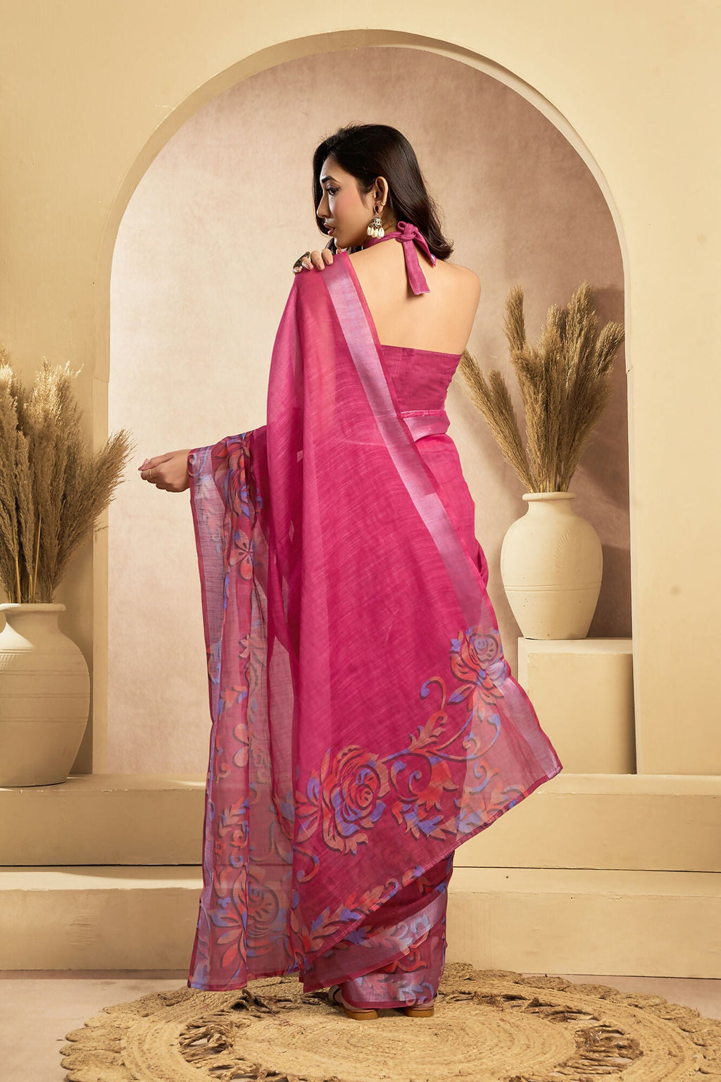 Vastranavya Pink Digital Printed Linen Ready To Wear Designer Saree with Unstitched Blouse | Grocsy
