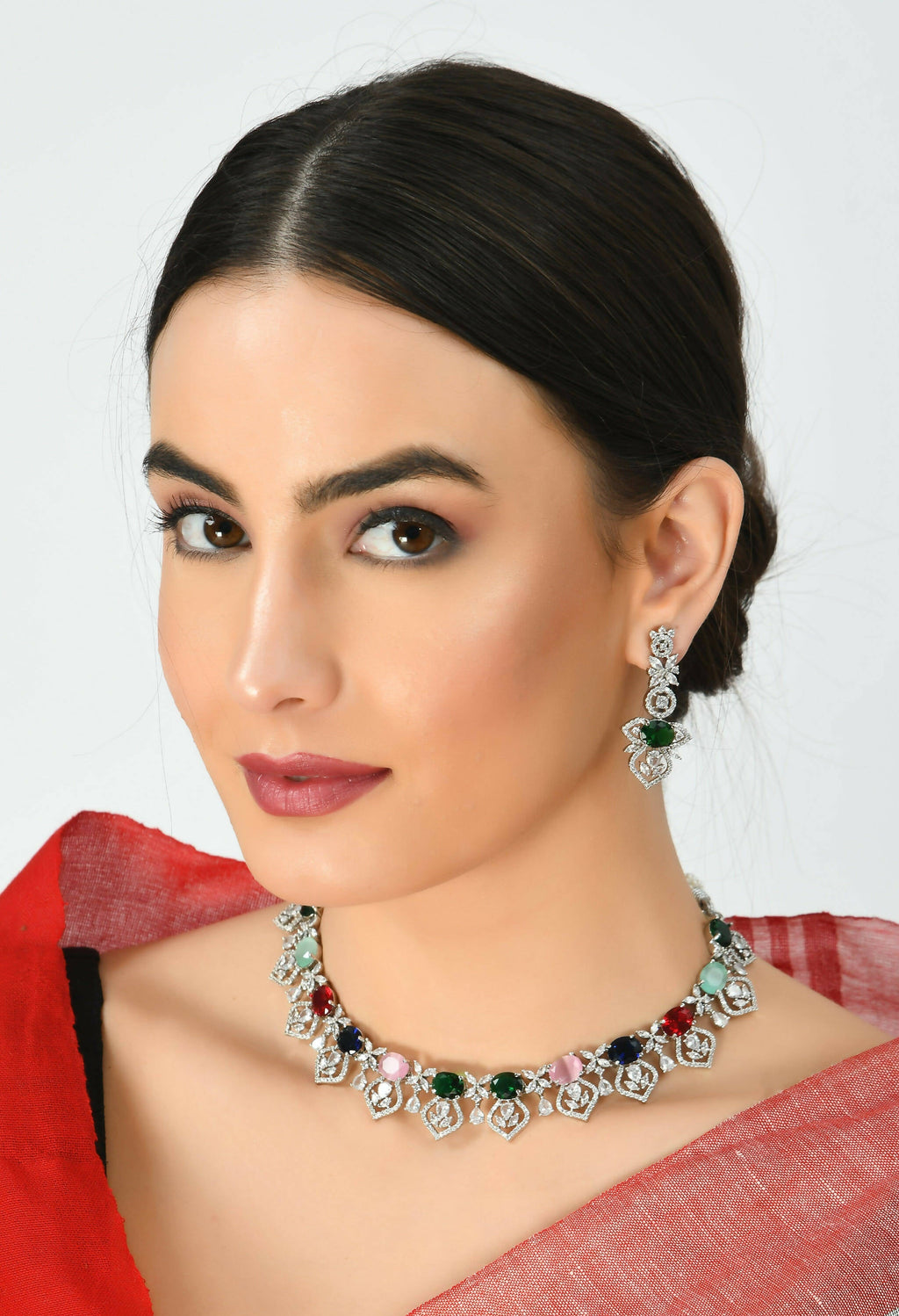 Mominos Fashion Johar Kamal Silver-Plated American Diamond Multi Colour Choker Set | Grocsy