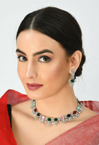 Mominos Fashion Johar Kamal Silver-Plated American Diamond Multi Colour Choker Set | Grocsy