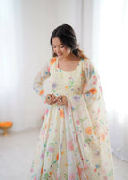 Teeya Creation Off White Soft Organza Digital Printed Party Wear Long Gown | Grocsy