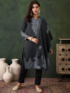 Sangria Ethnic Motifs Woven Design Mandarin Collar Straight Kurta With Trouser & Dupatta | Grocsy