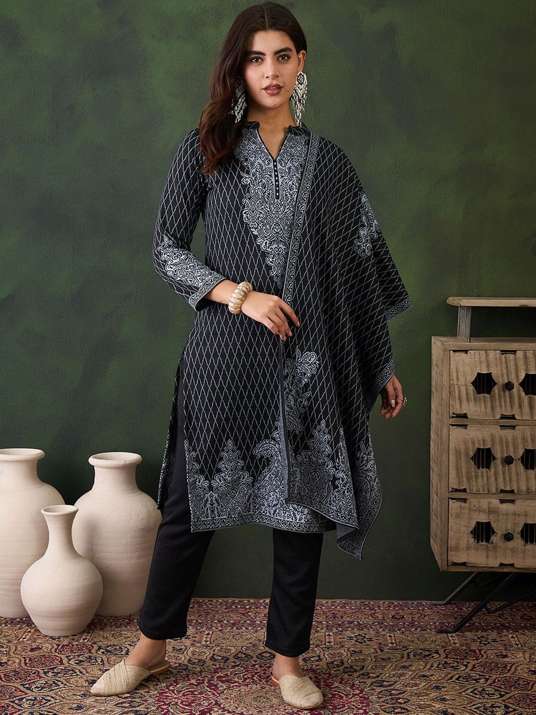 Sangria Ethnic Motifs Woven Design Mandarin Collar Straight Kurta With Trouser & Dupatta | Grocsy