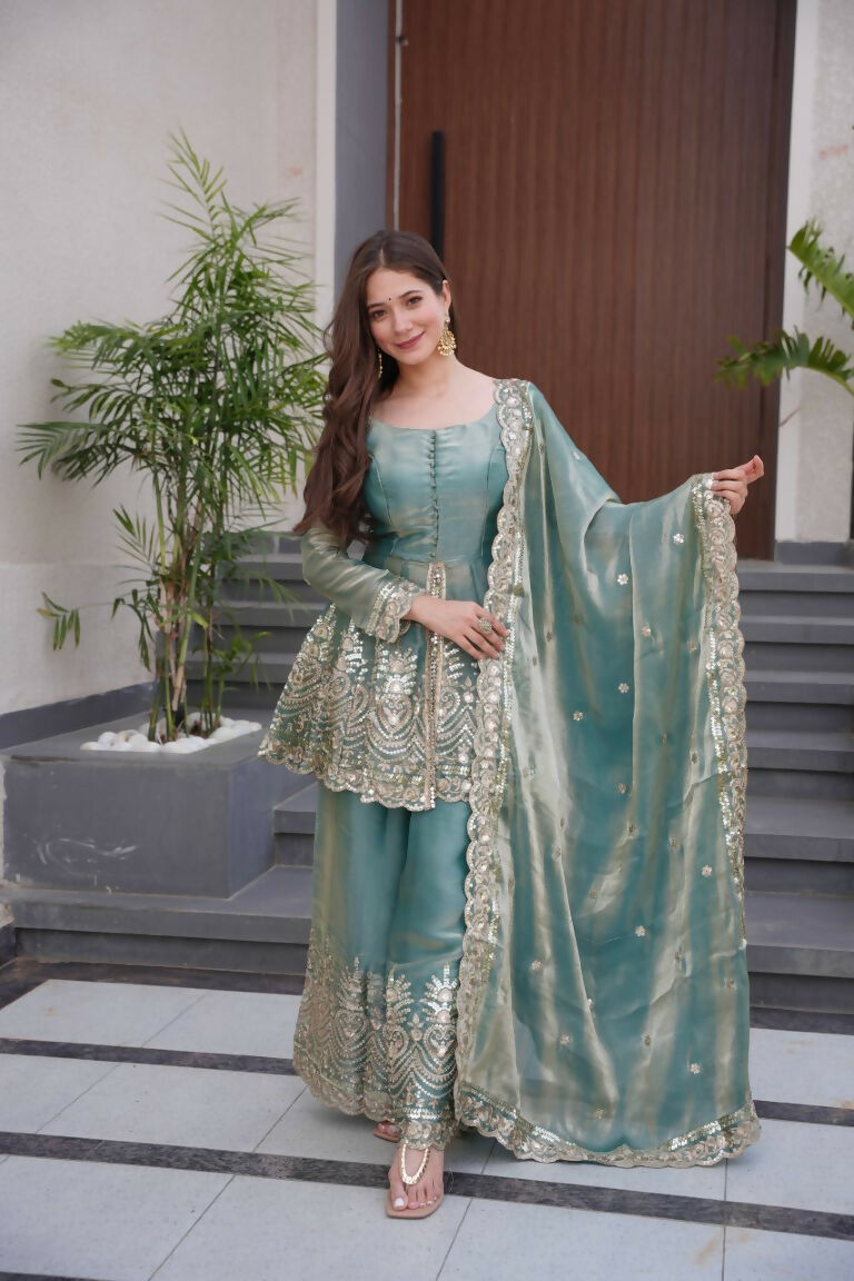 Teeya Creation Teal Color Fendy Satin Silk Embroidery Work party Wear Salwar Suit | Grocsy