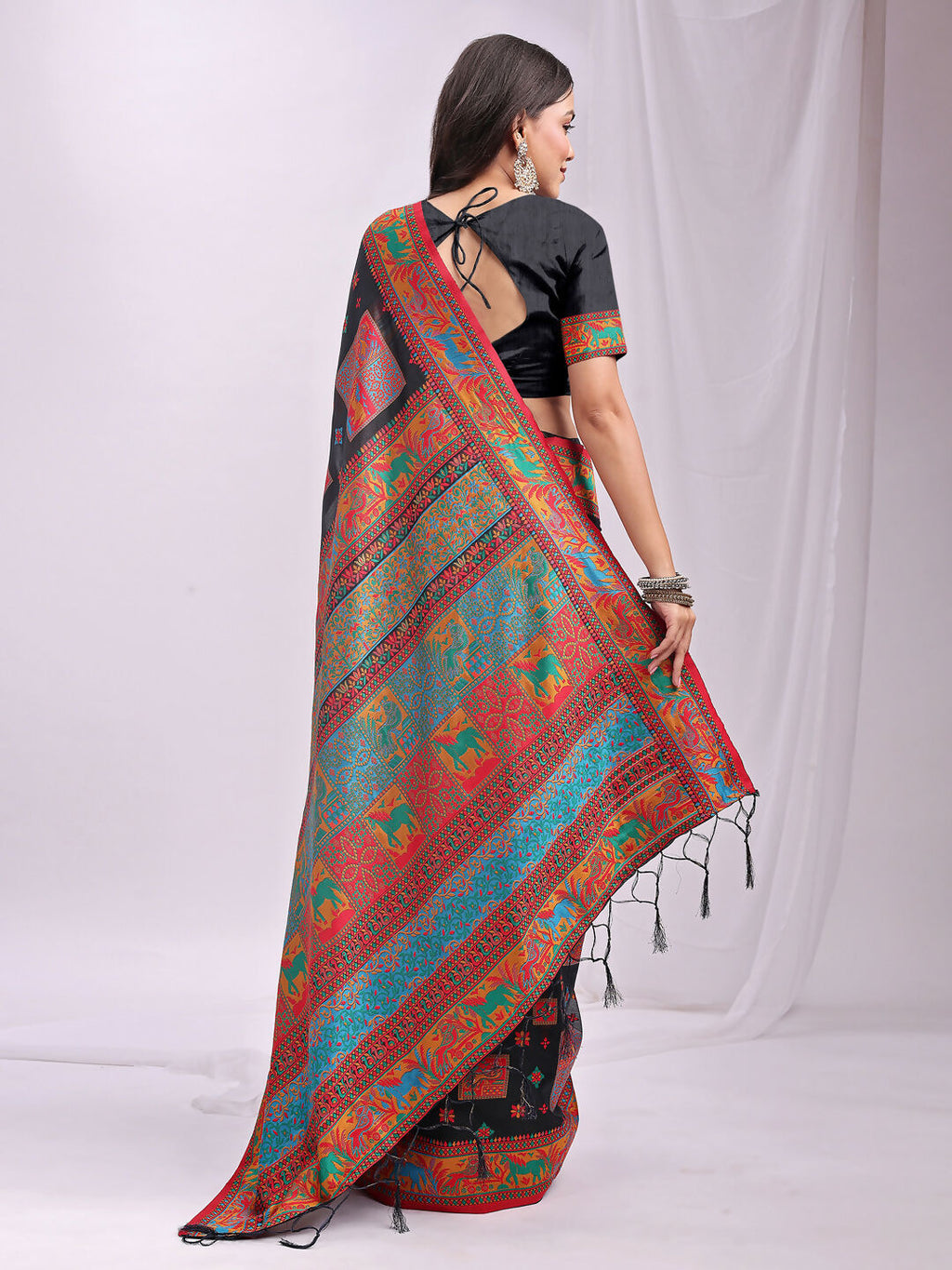Shree Shyam Fashion Vastraloom Black Linen Cotton Saree | Grocsy
