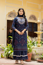 Kaajh Women's Navy Blue Embroidered Cotton Kurta Sharara Set With Dupatta | Grocsy