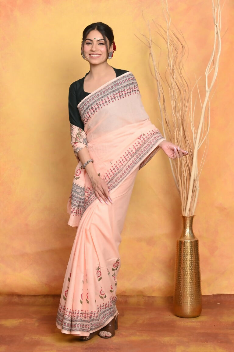 Very Much Indian Handblock Printed Cotton Saree With Natural Dyes - Peach | Grocsy