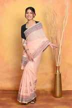 Very Much Indian Handblock Printed Cotton Saree With Natural Dyes - Peach | Grocsy
