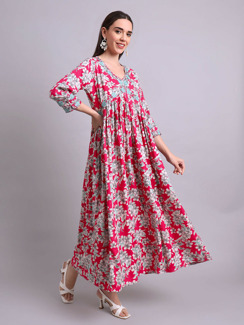 Joban Fashion Red Cotton Floral Printed & Embroidery Work Anarkali Dress With Dupatta Set | Grocsy