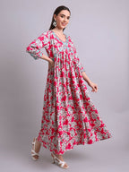 Joban Fashion Red Cotton Floral Printed & Embroidery Work Anarkali Dress With Dupatta Set | Grocsy