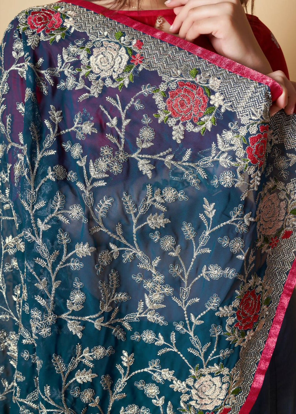 Vamsee Teal Organza Saree | Grocsy