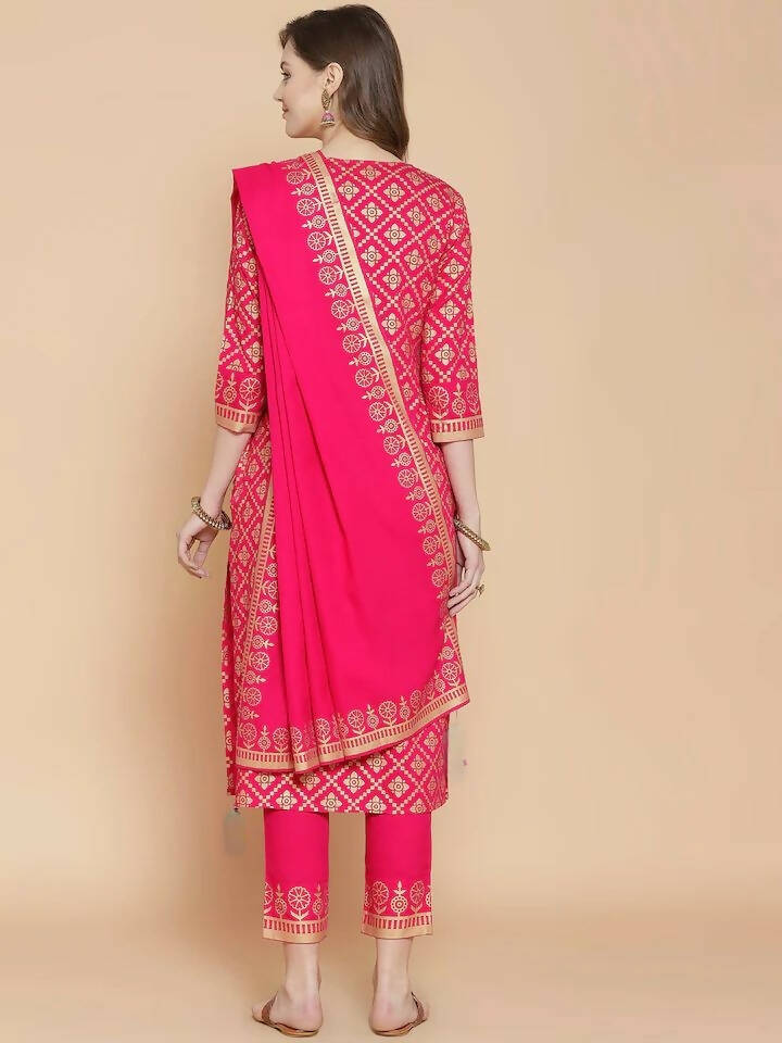 Vamika Foil Print Cotton Pink Party Wear/Casual Wear Kurta Set/Suit | Grocsy