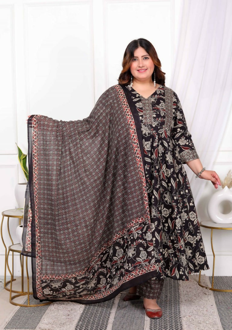 Miravan Women's Plus Size Embroidered Multi Anarkali Kurta with Palazzo and Dupatta Set | Grocsy