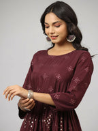 Juniper Women's Mauve Festive Printed Flared Dress | Grocsy