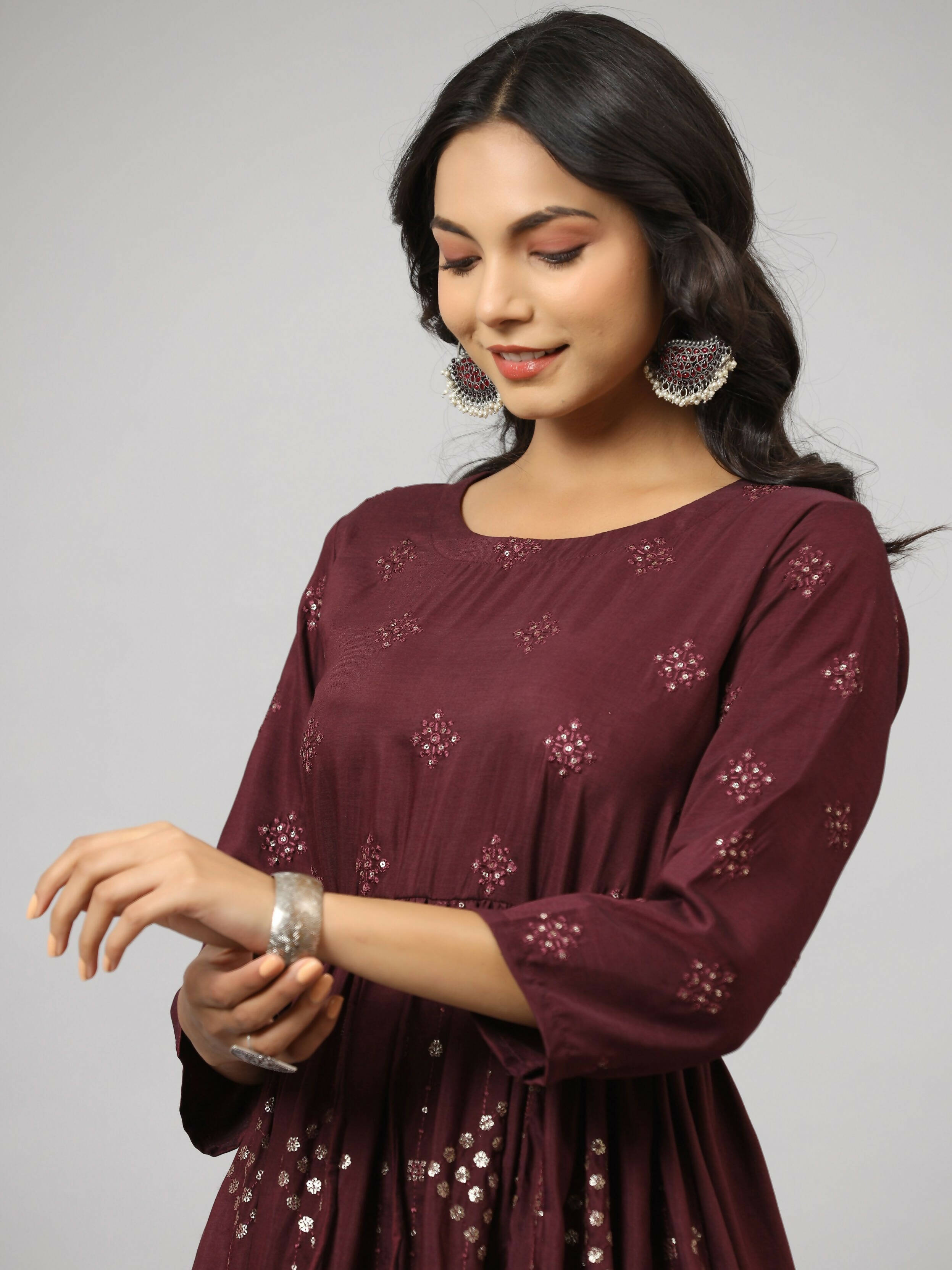 Juniper Women's Mauve Festive Printed Flared Dress | Grocsy