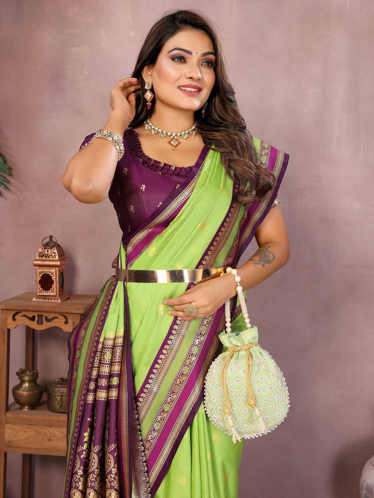 Aastha Fashion Parrot Green Kalamkari Silk Weaving Saree | Grocsy