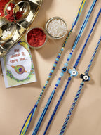 NVR Women & Men Set of 4 Blue Evil Eye Charm Rakhi With Roli Chawal | Grocsy