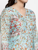 Myshka Women's Multi Cotton Printed Full Sleeve V Neck Casual Kurta | Grocsy