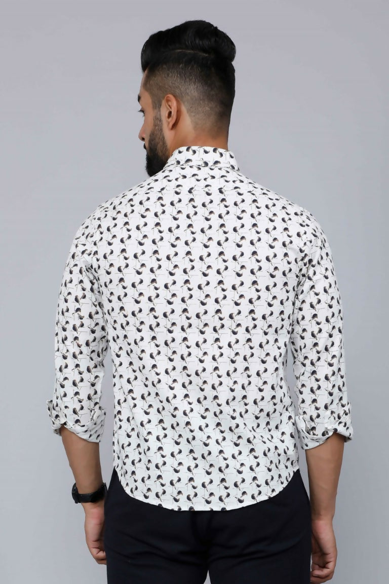 Miravan Men's White Spread Collar Bird Print Casual Shirt | Grocsy