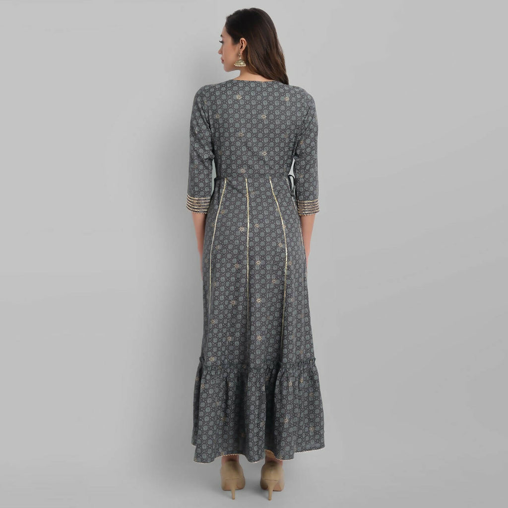 Juniper Grey Rayon Festive Wear Embroidered Tiered Long Dress | Grocsy
