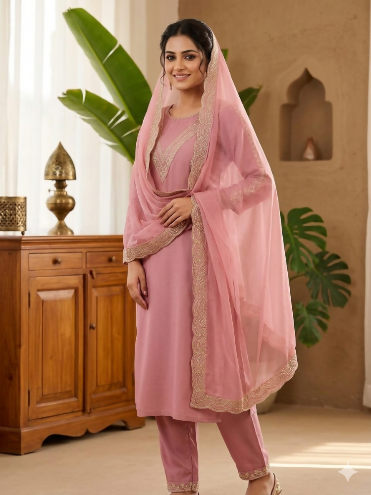 Teeya Creation New Womens Peach Straight Cut Kurta Set with Scalloped Embroidered Organza Dupatta Set | Grocsy