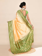 Joban Fashion Light Yellow & Parrot Green Plain With Weaving Border Banarasi Silk Sarees | Grocsy