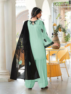 Nikhaar Light Green Embroidered Organza Stitched Straight Cut Kurta Farshi Salwar Dupatta Readymade Suit | Grocsy