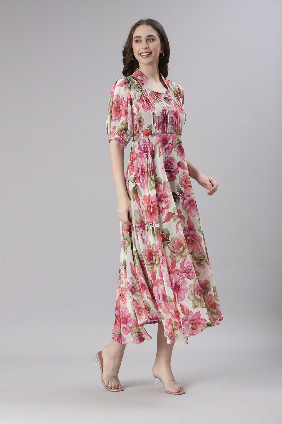 Souchii Cream Floral Chiffon Dress | Grocsy
