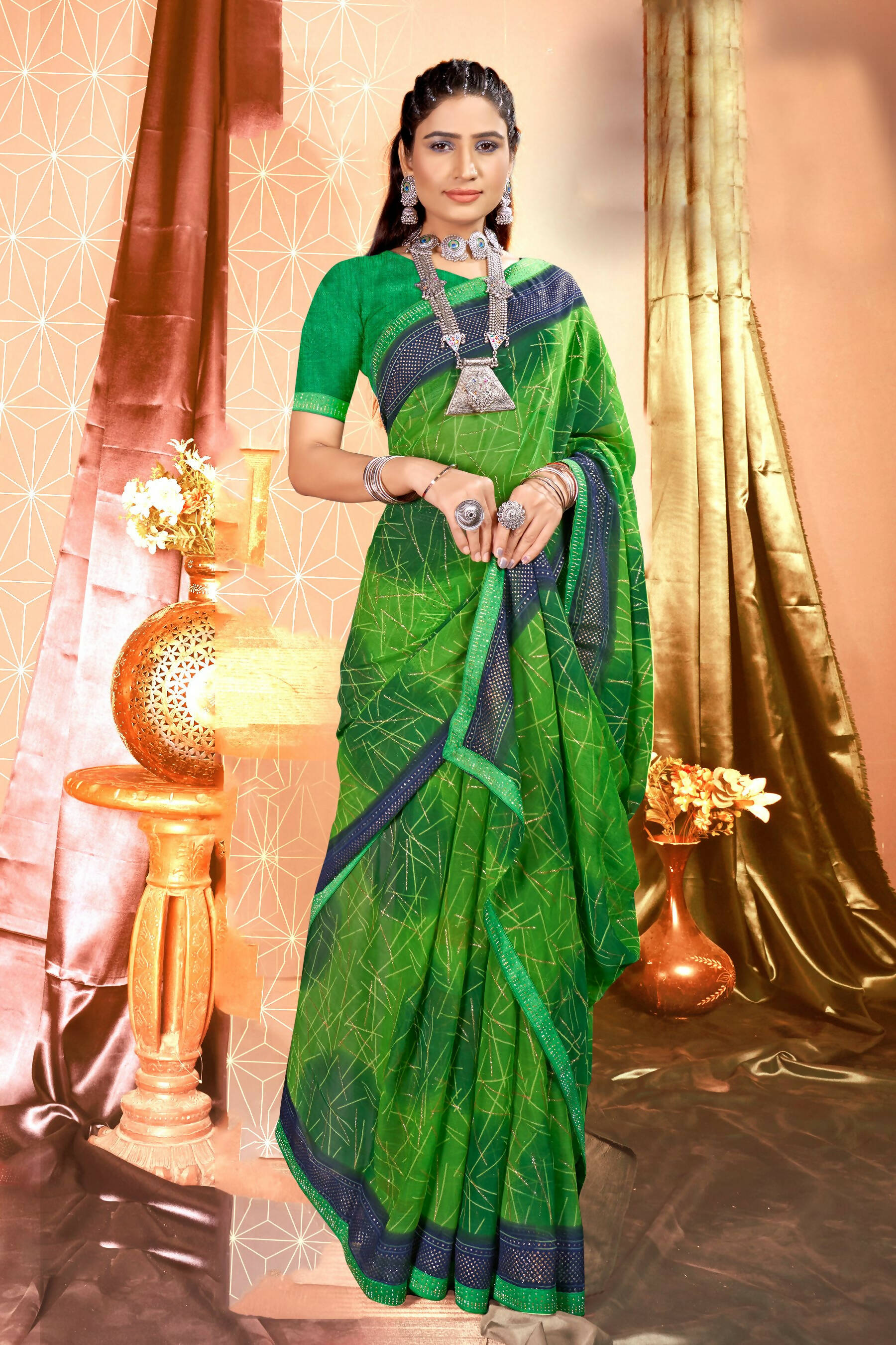 Green Chiffon Abstract Printed Saree With Unstitched Blouse Piece - Rajal | Grocsy