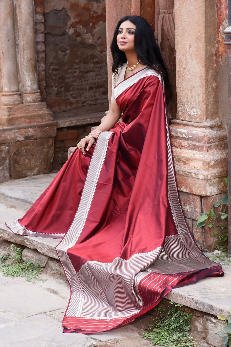 Joban Fashion Maroon Red Colour Banarasi Katan Pure Handloom Banarasi Silk Saree | Grocsy