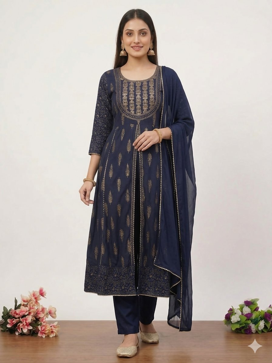 Teeya Creation Women's Navy Blue Fully Stitched Ethnic Kurta With Pant And Dupatta | Grocsy