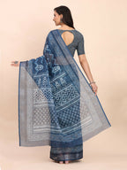 Shree Shyam Fashion Linen Cotton Indigo Blue Saree | Grocsy