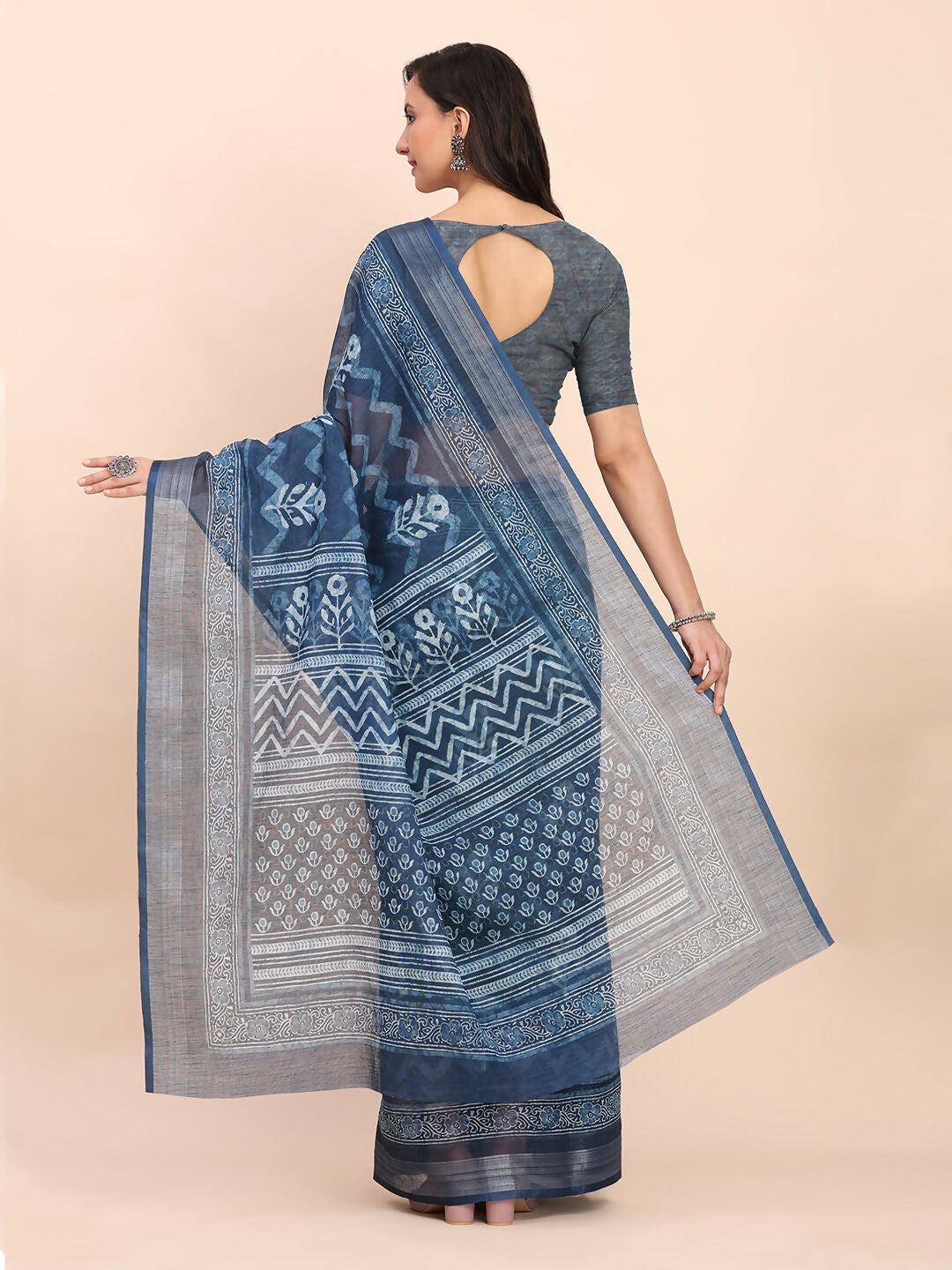Shree Shyam Fashion Linen Cotton Indigo Blue Saree | Grocsy