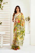 Vastranavya Yellow Digital Printed Linen Ready To Wear Designer Saree with Unstitched Blouse | Grocsy
