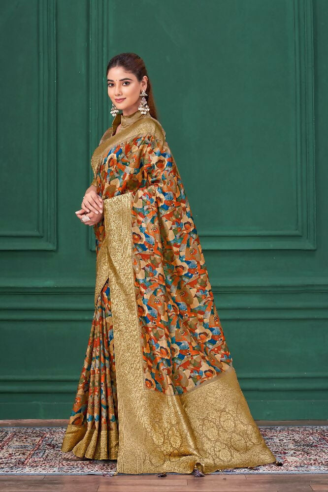 Chiku Tussar Silk Jacquard Abstract Digital Print Saree with Unstitched Blouse - Mohira | Grocsy