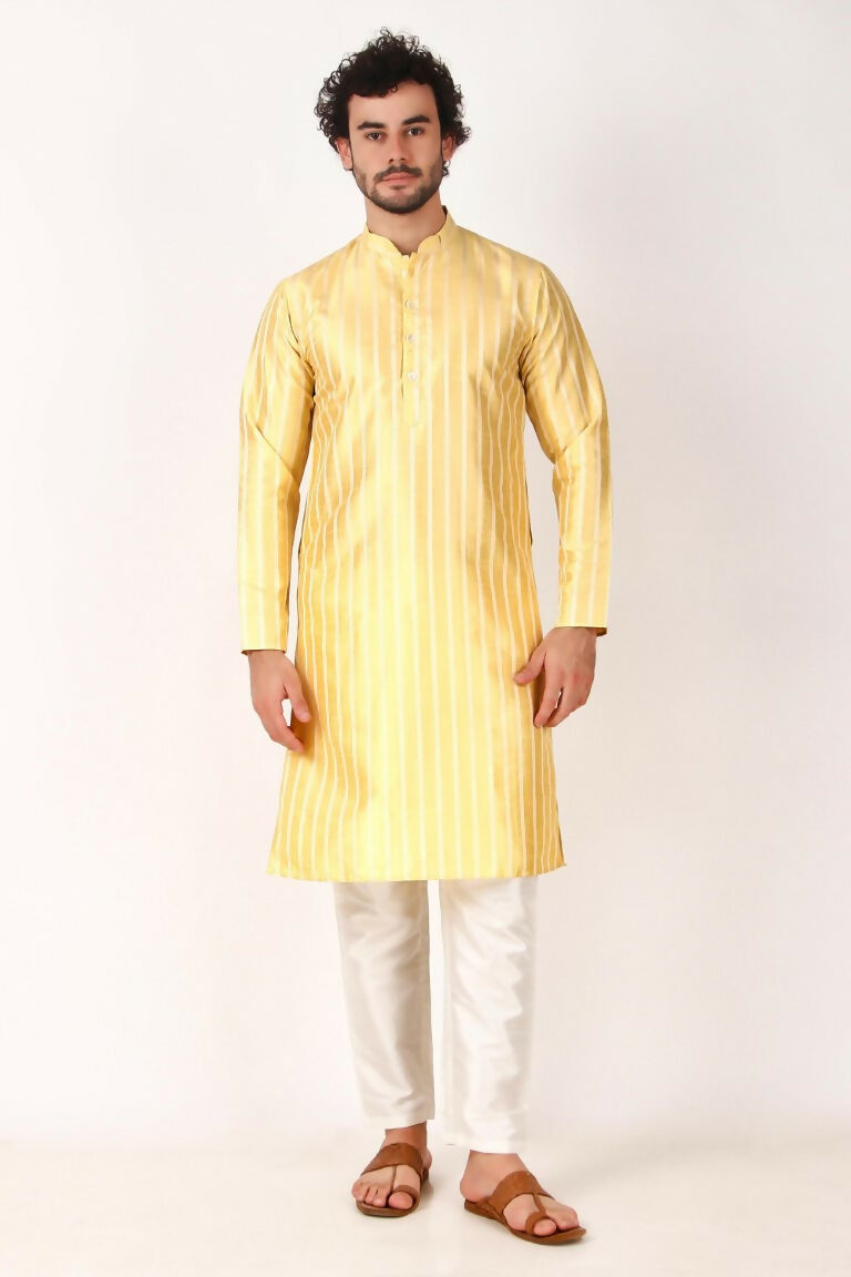 Lemon Art Silk Woven Designer Men's Rajwadi Kurta Set - Mahotsav | Grocsy