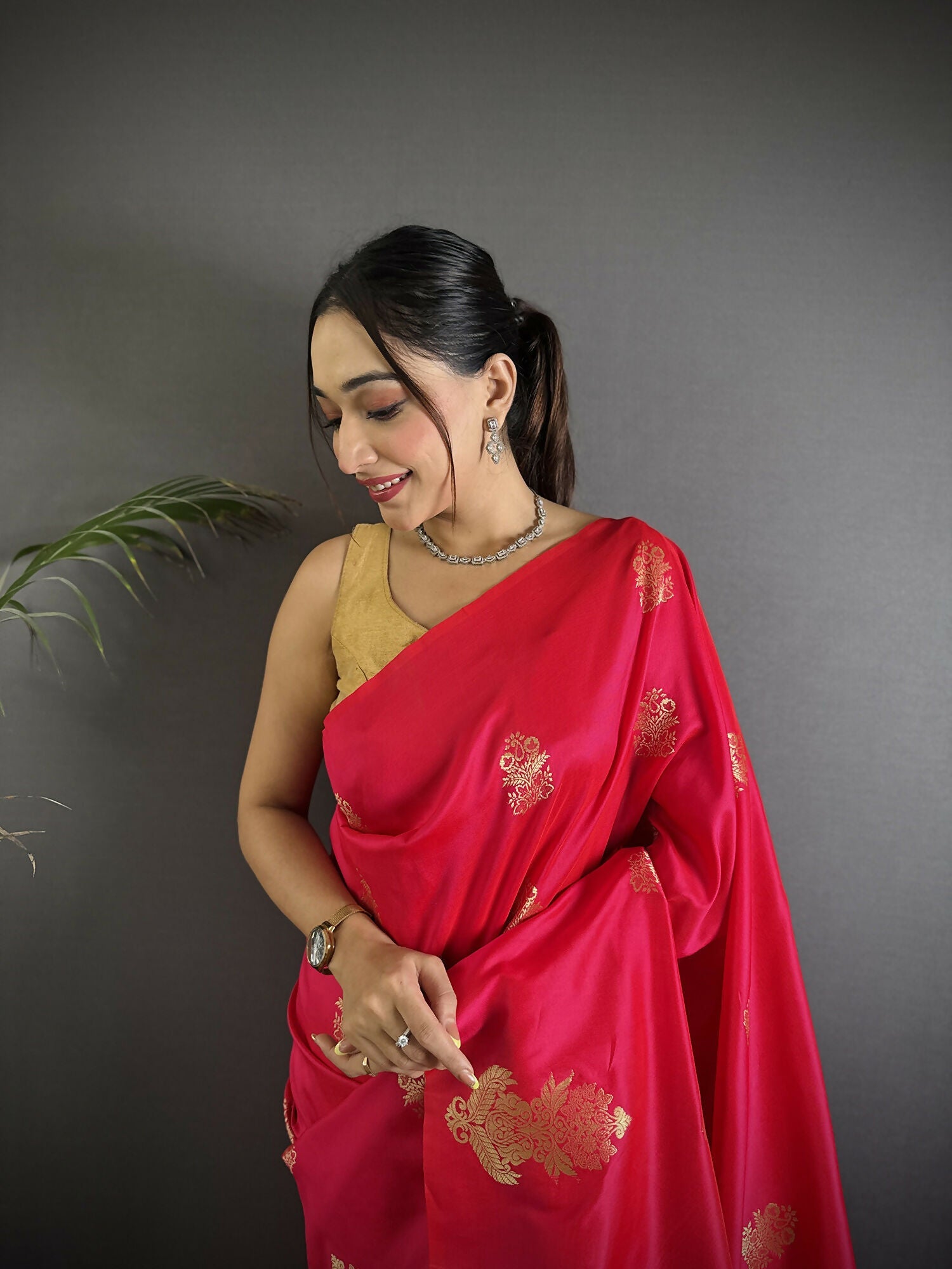 Joban Fashion Red Banarasi Lichi Silk Gold Zari Meena Saree | Grocsy