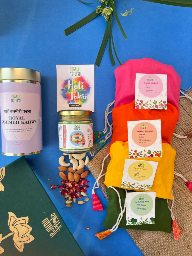 Shuddh Natural Ubtan Based Herbal Gulal, Ayurvedic Thandai Powder, Kashmiri Kahwa | Holi Gift Hamper | Grocsy
