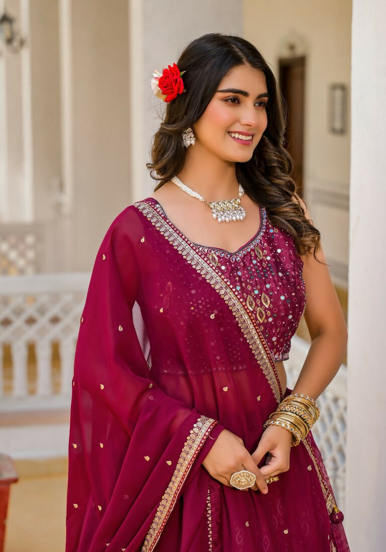 Wedding Partywear Wine Slim Georgette Lehengha Choli With Dupata - Agnidhara | Grocsy