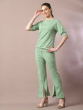 Myshka Women's Sea Green Solid Boat Neck Party Top With Trousers Co-ord set | Grocsy