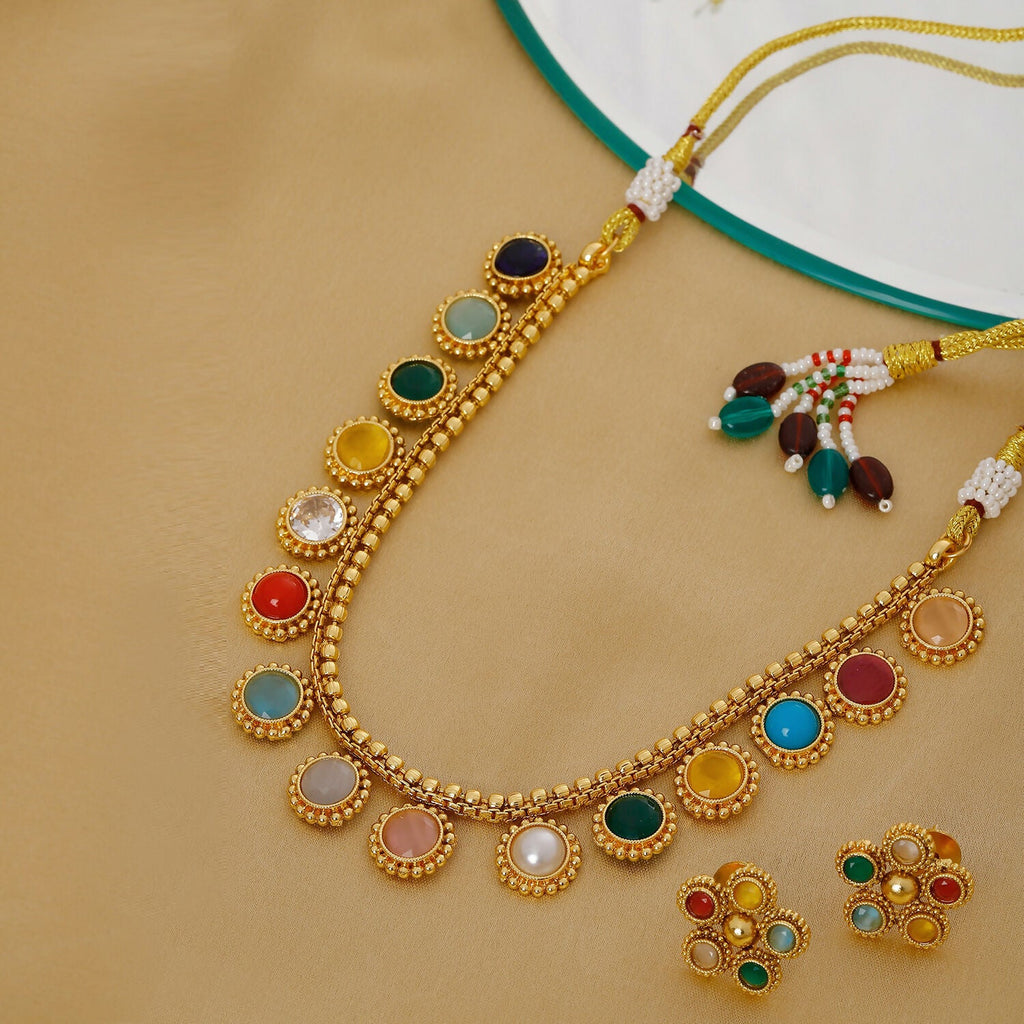 Multi Colored Stone in Gold Choker with Earrings (Multi Color) - Ruby Raang | Grocsy