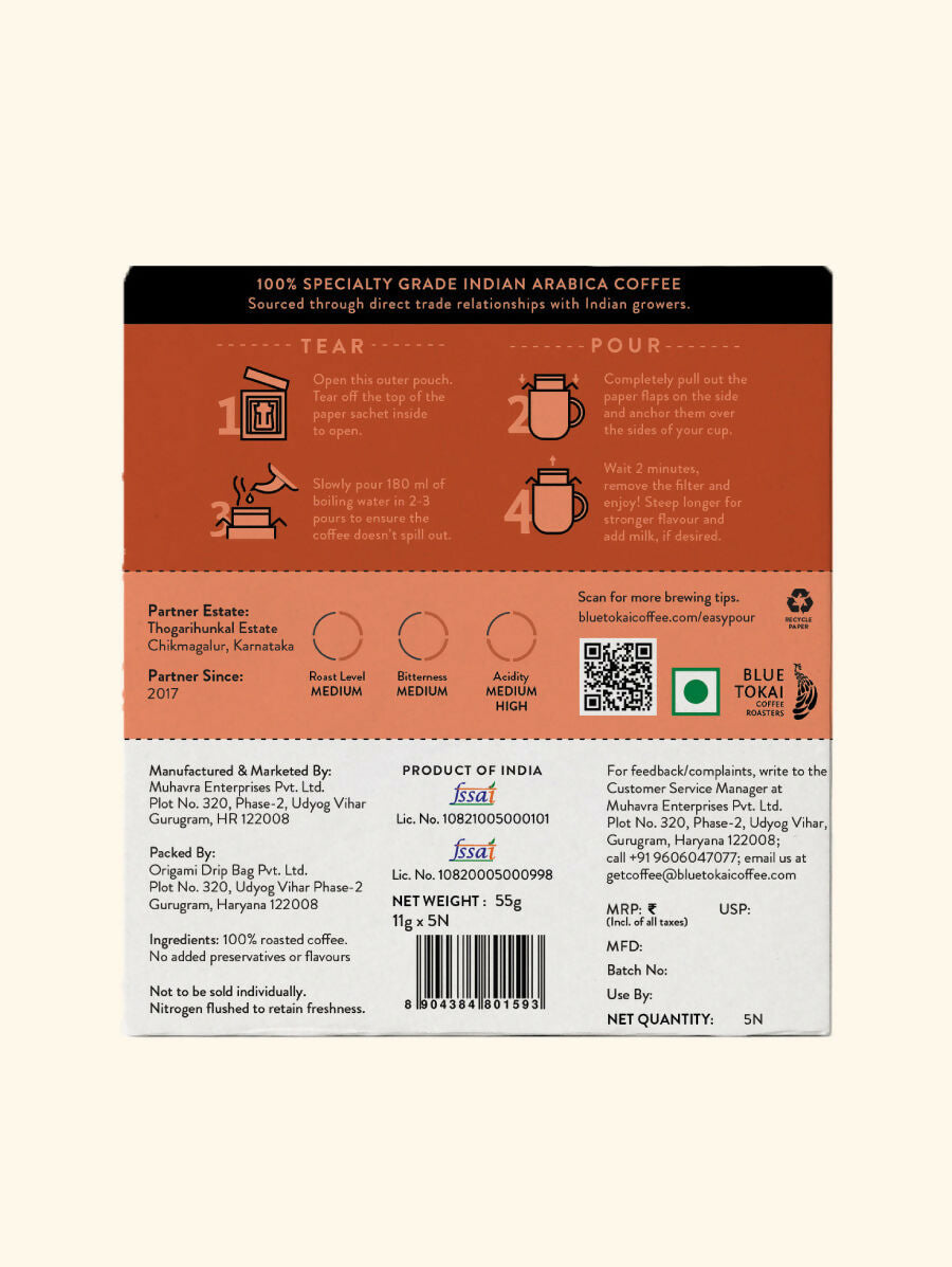 Blue Tokai Thogarihunkal Estate Medium Roast Easy Pour Sachets | Grocsy