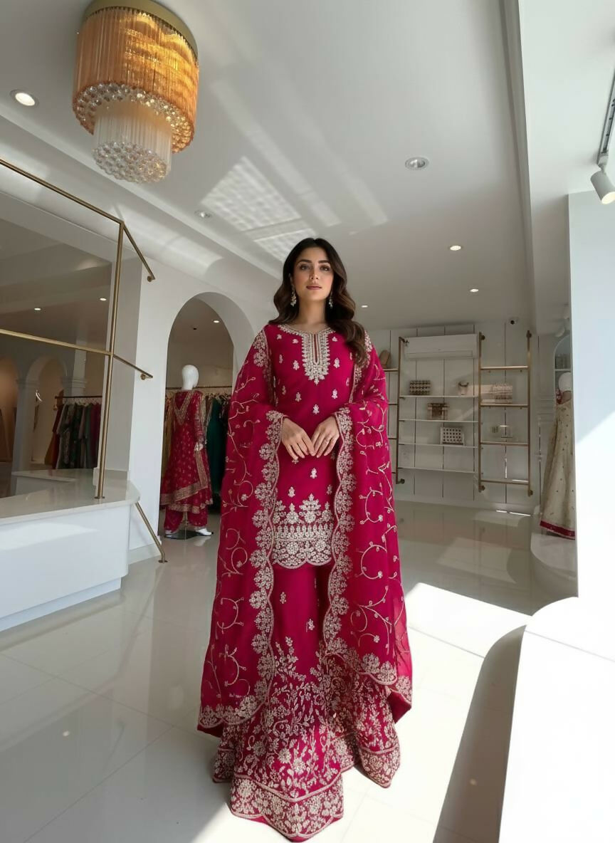 Teeya Creation Rani Pure Silk Gimmy Silk Heavy Embroidery Work Wedding Wear Palazzo Pair | Grocsy