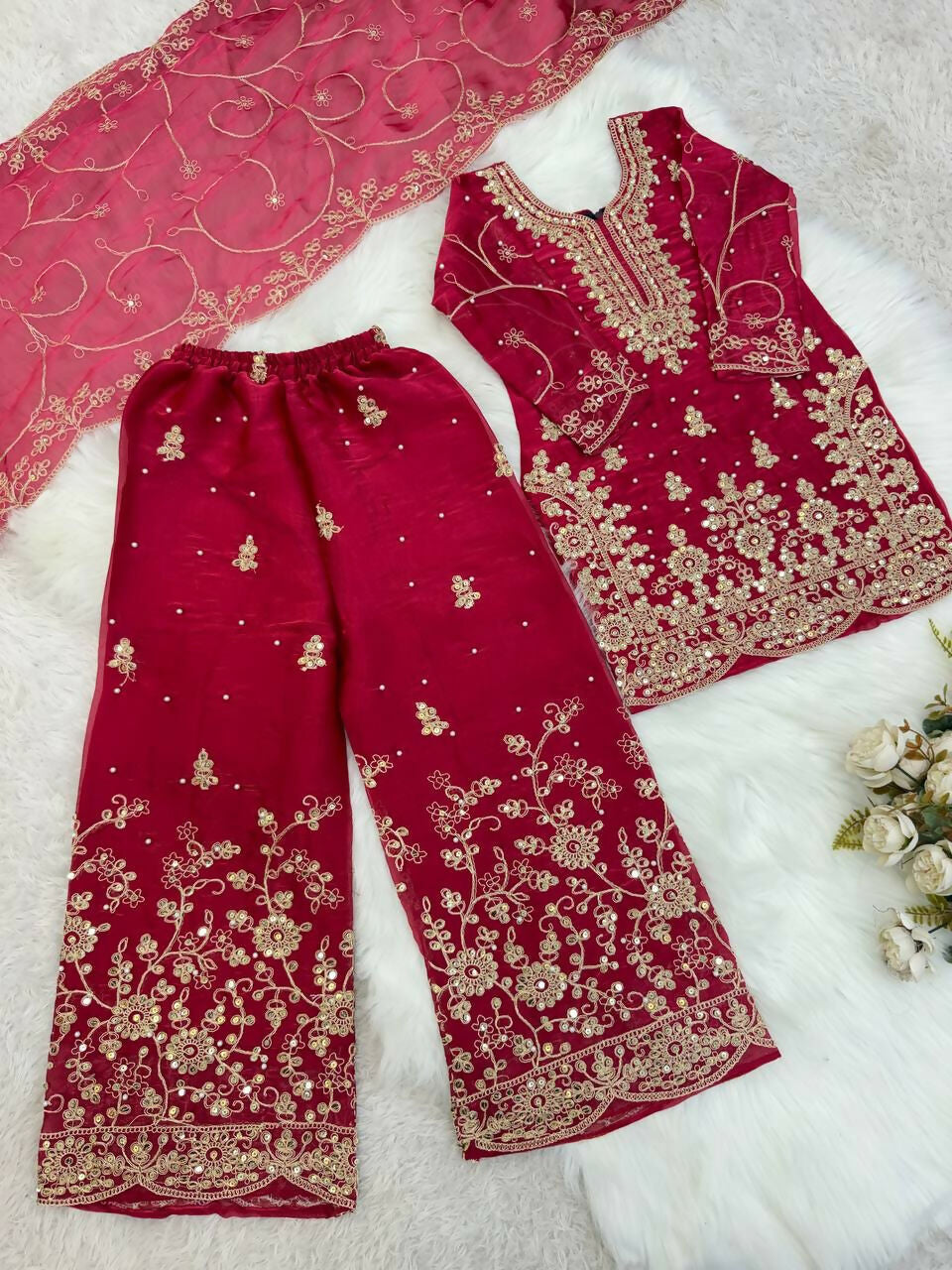 Teeya Creation Girls Heavy Embroidery Pink Ethnic Kurta And Palazzo Set With Net Dupatta | Grocsy