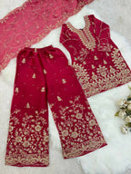 Teeya Creation Girls Heavy Embroidery Pink Ethnic Kurta And Palazzo Set With Net Dupatta | Grocsy