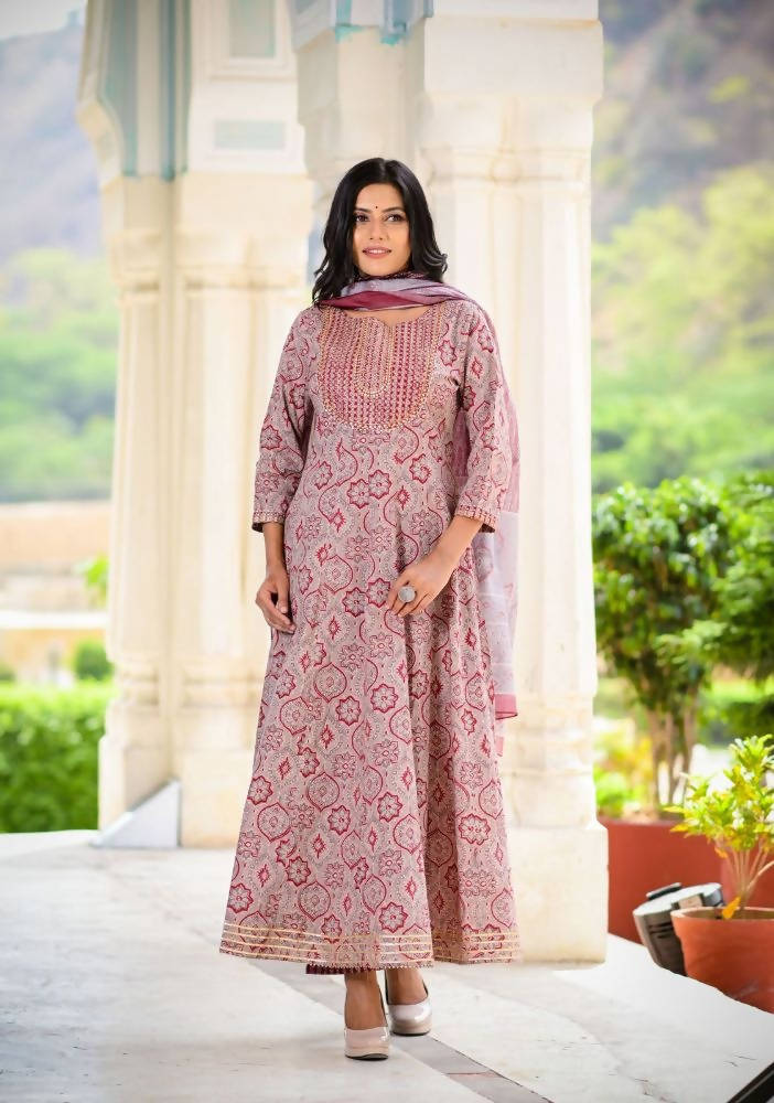 Yufta Women Maroon Printed Kurta with Palazzo and Dupatta | Grocsy