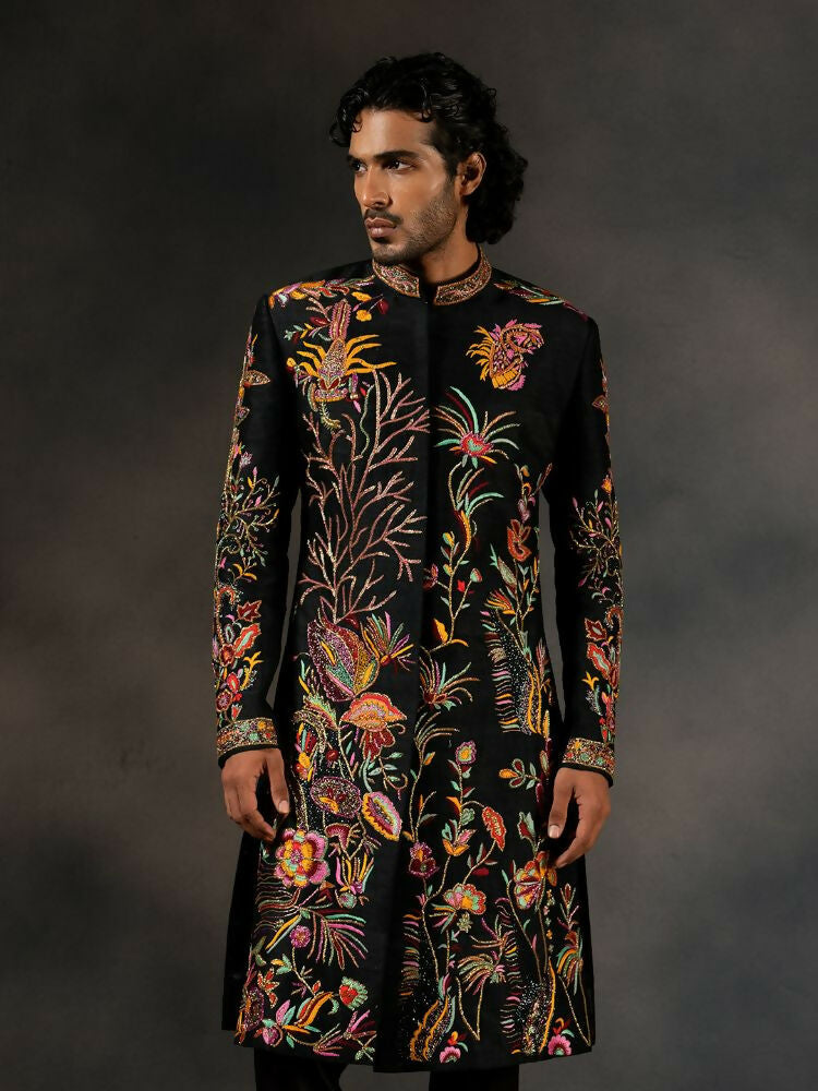 Black Tides Hand Embroidered Indowestern Sherwani by Hilo Design | Grocsy