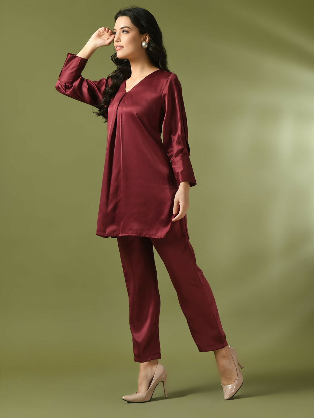 Myshka Women's Maroon Solid Satin V-Neck Party Tunic With Trousers Co-ord set | Grocsy