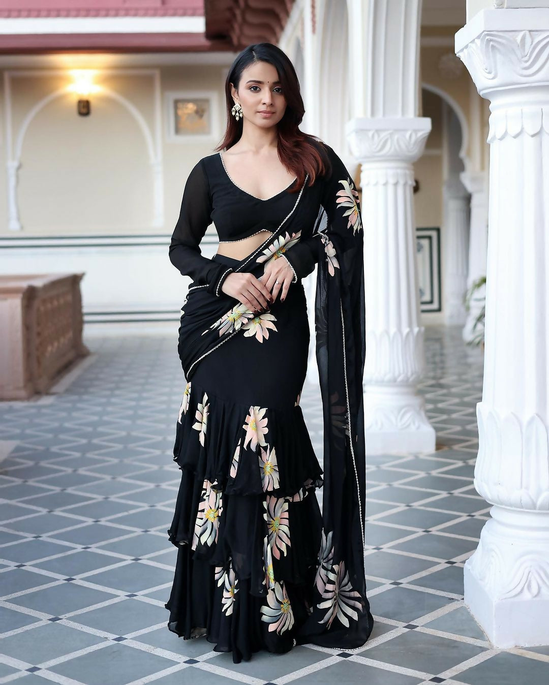 Exclusive Collection Black Party Wear Ruffle Georgette Saree | Grocsy