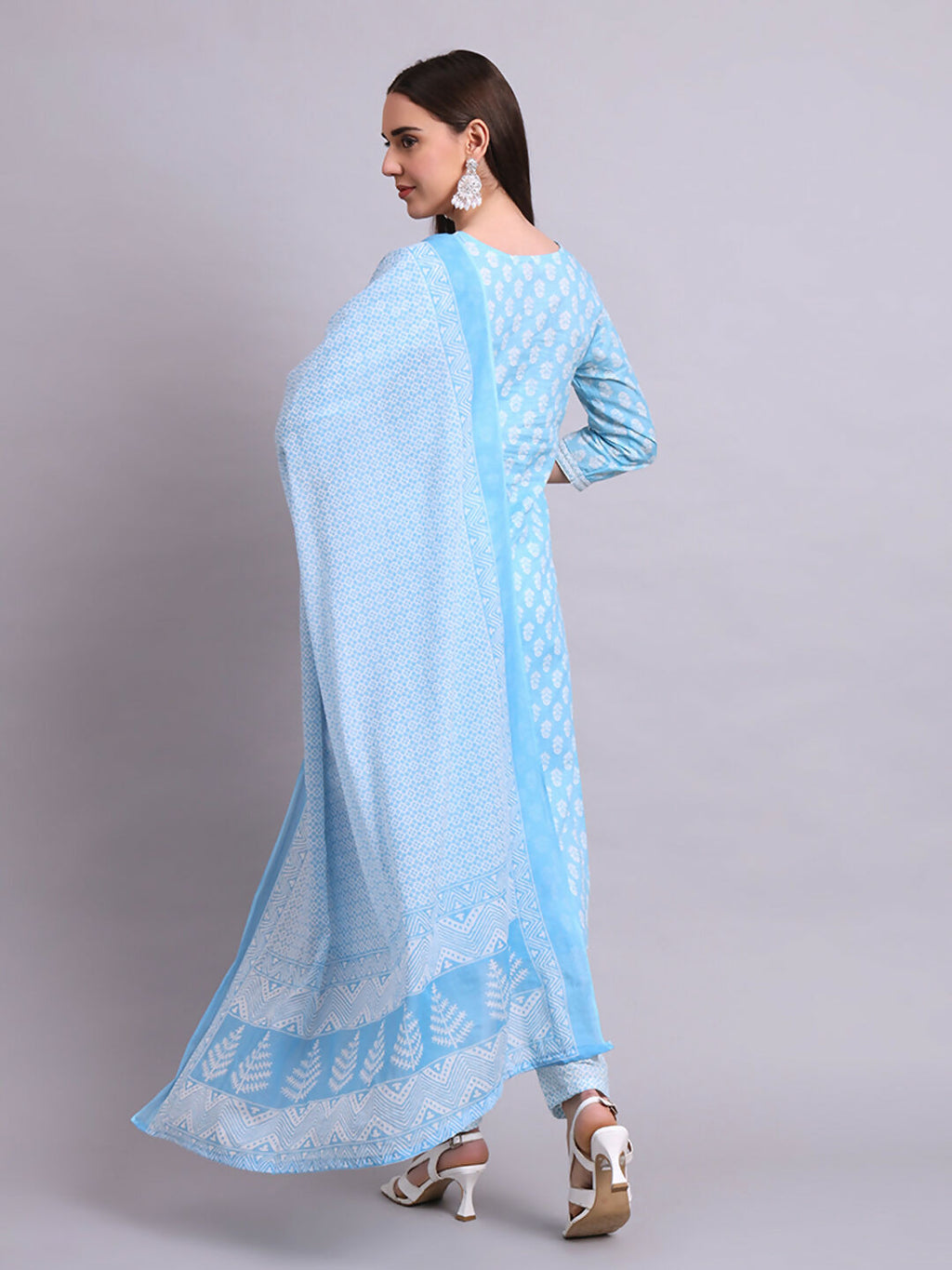 Joban Fashion Sky Blue Cotton Buti Printed & Embroidery Work Kurta With Trousers & Dupatta Set | Grocsy