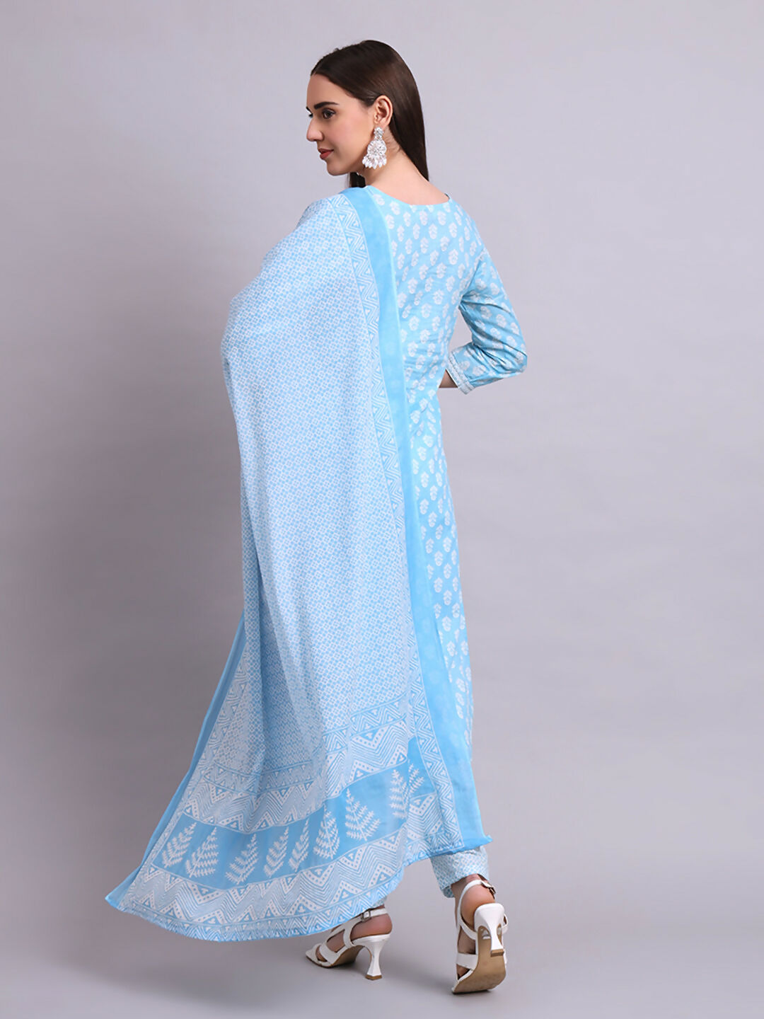 Joban Fashion Sky Blue Cotton Buti Printed & Embroidery Work Kurta With Trousers & Dupatta Set | Grocsy